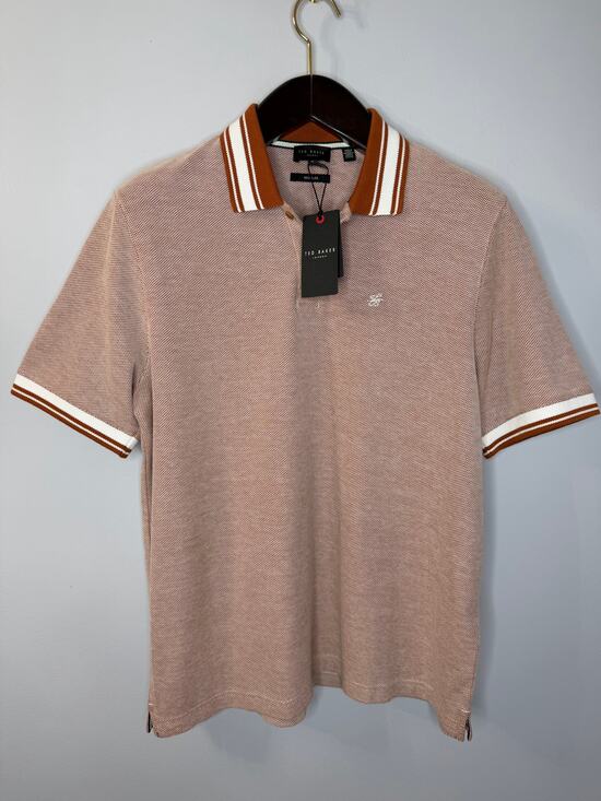 Ted Baker Other - Ted Baker Phenes Textured Cotton Polo Shirt Stripe Trim Brown Men 4 US XXL